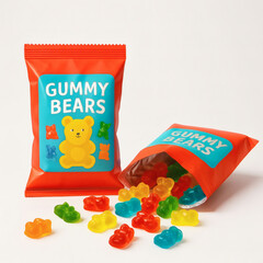 Classic gummy bear candies are shown spilling from a vibrant orange bag. The playful packaging and colorful sweets create a fun and appealing scene on a clean background.