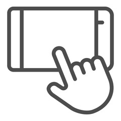 Touchscreen phone and index finger line icon, using smartphone concept, phone in horizontal position sign on white background, outline style icon for mobile and web design. Vector graphics.