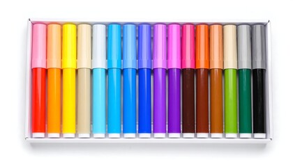 Obraz premium Vivid Rainbow of Markers: A Colorful Array in a White Box, Top-Down View