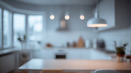 Blurred modern kitchen interior background with pendant lights