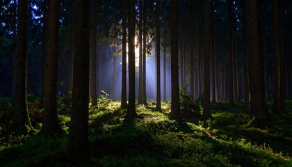 Fototapeta premium Sunbeams pierce a misty, dark forest, illuminating the mossy undergrowth