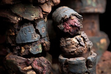 Fototapeta premium Close-up of weathered, dark-colored cylindrical objects with etched markings