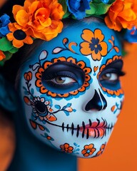 Vibrant Day of the Dead Face Paint with Floral Headpiece