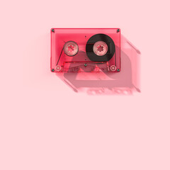 Red transparent audio cassette 3d pink background