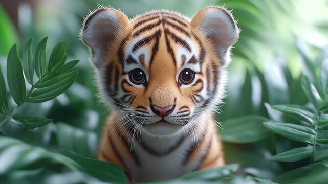 Young tiger cub exploring its natural habitat surrounded by lush green foliage in a tropical environment