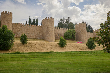 View of the famous medieval city walls of Avila, Spain