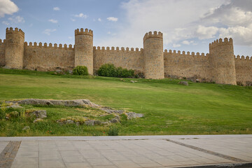 View of the famous medieval city walls of Avila, Spain