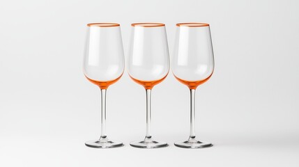 Three Elegant Wine Glasses with Orange Accents on a Minimalist White Background