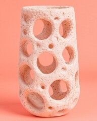Modern Textured Vase with Circular Cutout Design on Coral Background