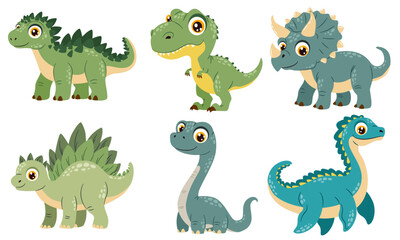 Naklejka premium A set of vector illustrations in a simple cartoon style. Cute dinosaurs with big eyes on a white background. Vector illustration