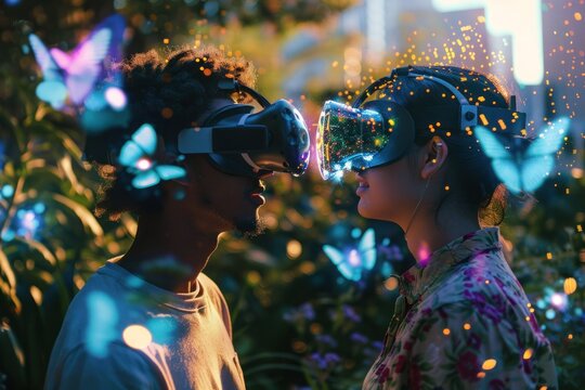 Teenagers explore VR world in park with glowing effects and virtual creatures