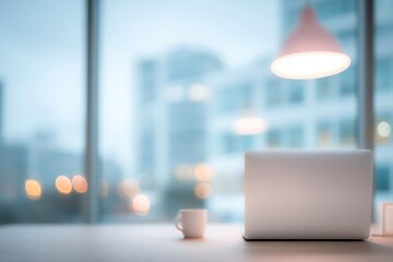 Blurry Office Background Featuring A Laptop And Coffee Mug For Corporate Presentations Or Marketing Materials