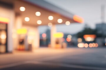 Blurred Background of Gas Station at Night with Bokeh Lights Ideal for Websites, Posters, and Social Media Marketing Campaigns