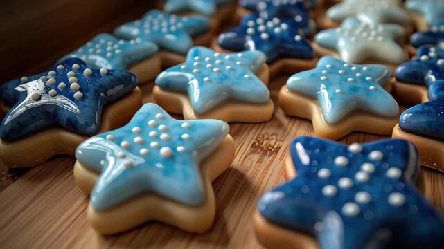 Beautifully decorated star-shaped cookies with a glossy finish in various shades of blue and white