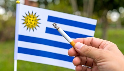 Hand holding a cigarette against a Uruguayan flag