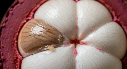 Close-up of Exposed Rambutan Fruit Flesh with Seed and Red Skin