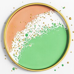 Abstract Circular Design with Green, Peach, and Gold Splatter on White Background