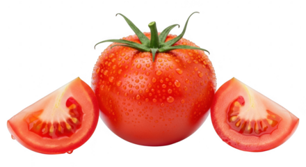 A vibrant red tomato with water droplets and two tomato slices arranged on a transparent background