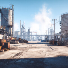 Obraz premium Industrial factory with smoke rising from tall chimneys on a sunny day, viewed from the street. Urban environment with clear blue sky, pollution industry contrast against peaceful suburban surrounding