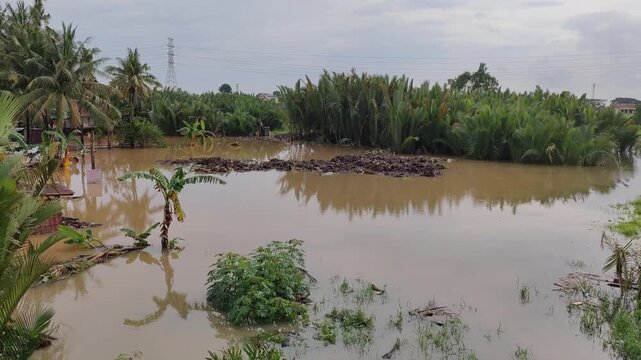 A real-life footage of a flood caused by a river overflowing its banks, affecting homes and streets in the surrounding area. The water level continues to rise as the heavy rainfall leads to uncontroll