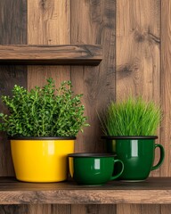 Colorful Indoor Plants Displayed on Wooden Shelves in Yellow and Green Pots