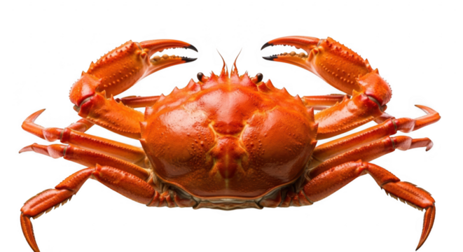 A cooked orange crab with claws extended is presented against a clean transparent background in studio