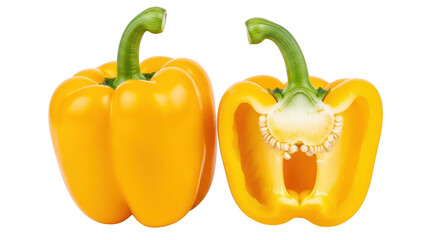 A vibrant yellow bell pepper, whole and halved, showcasing its freshness and natural goodness isolated on transparent background