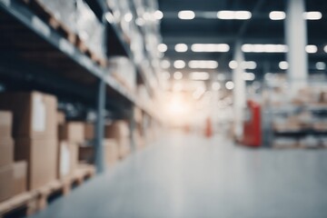 Obraz premium Blurred warehouse aisle with tall shelving and stacked cardboard boxes. Bright overhead lights in modern logistics center. Speed and efficiency for supply chain marketing.