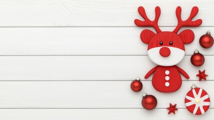 Festive Red Reindeer Toy and Baubles on White Wooden Background for Holiday Decor