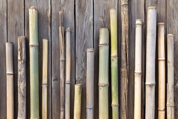 Bamboo poles against weathered wooden planks