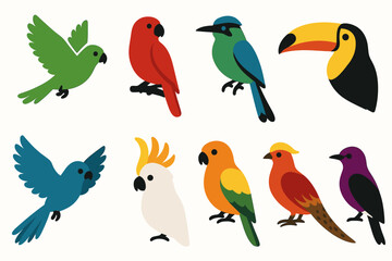 Fototapeta premium Birds, parrots flat icon set. colorful avian graphics collection