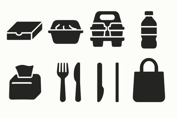 Food delivery silhouette icon set: takeaway, packaging, utensils