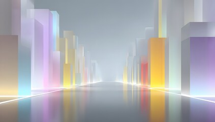 Fototapeta premium Futuristic cityscape with abstract colorful buildings and reflective road in soft pastel tones