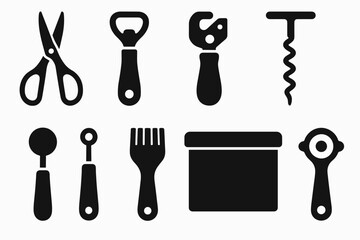 Fototapeta premium Kitchen tools silhouette icon set. cooking utensils, appliances collection in silhouette