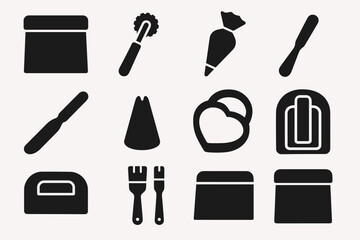 Baking and pastry tools solid icon set. kitchen essentials for bakery enthusiasts