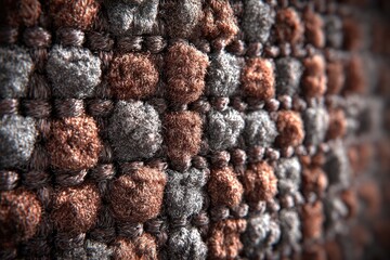 Close-up view of a textured, patterned fabric.  Intricate,  geometric design of  light gray and reddish-brown  clusters