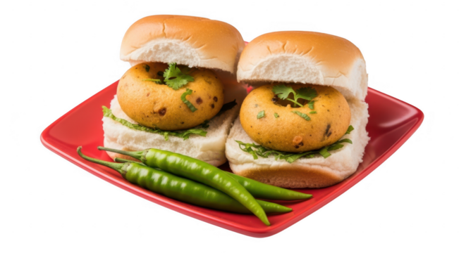 A delicious vada pav, an indian street food, is served on a red plate with green chilies isolated on transparent background