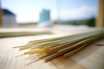 Light beige, thin noodles on a light wooden surface.  Blurred cityscape background