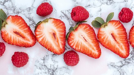 Fresh Strawberries and Raspberries on Marble Surface - Perfect for Healthy Snacking or Culinary Decoration