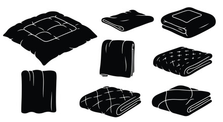 Vector silhouette illustration set. Collection of various folded blankets and quilts, showcasing different patterns and styles
