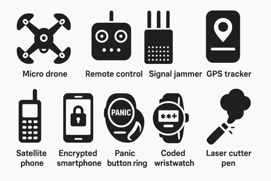 Technology security solid icon set. gadgets, devices, security, tracking icons