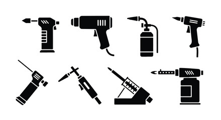 Obraz premium Vector silhouette illustration set collection of various blowtorch and soldering iron icons, representing tools for heating and crafting