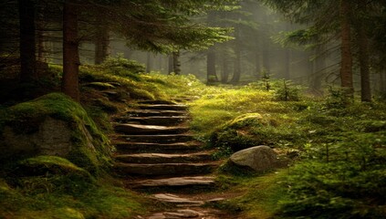 Forest trail steps climb mossy rocks through sunlit trees towards mist. Verdant foliage, earthen path, tranquil, natural scene, invoking peace & nature's harmony