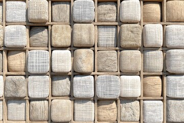 Grid of light brown, beige, and off-white wooden blocks in a light wooden frame