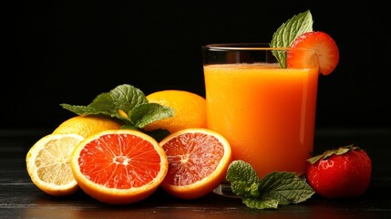 Citrus Delight: Fresh Orange Juice with Lemons, Blood Orange, and Strawberries on Dark Background