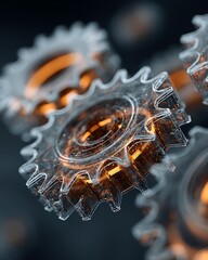 A conceptual image of gears interlocking, with one gear made of light and digital patterns, in innovation. Corporate and Business AI Future Tech and Innovation Digital Lifestyle and Connectivity