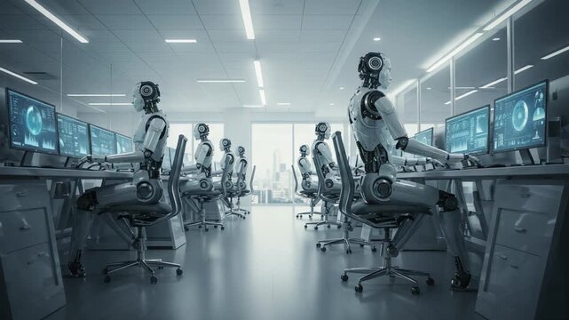 Advanced Robotics Working in a Modern Office Environment: Exploration of Futuristic Automation with Multiple Robots Engaged in Task-Oriented Operations at Computer Stations