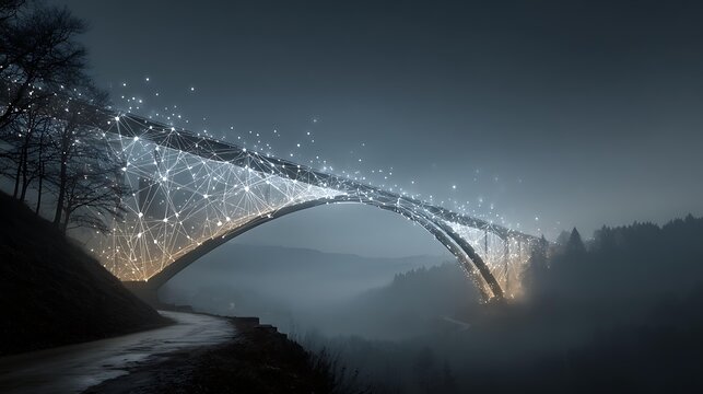 A conceptual image of a bridge made of light and data, connecting two landscapes, gaps and fostering partnerships. Corporate and Business AI Future Tech and Innovation Digital 
