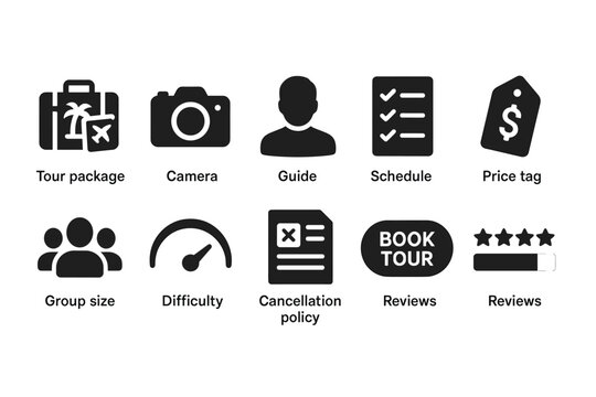 Travel planning solid icon set. tour, booking, itinerary icons solid collection