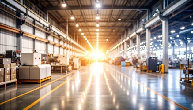 Blurred long shot of a bright light at the end of an empty, clean, and spacious modern factory hall or warehouse.